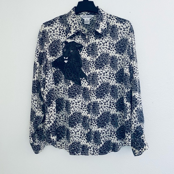Chic Black and White Animal Print Button Down Shirt 100%Silk - Picture 1 of 6